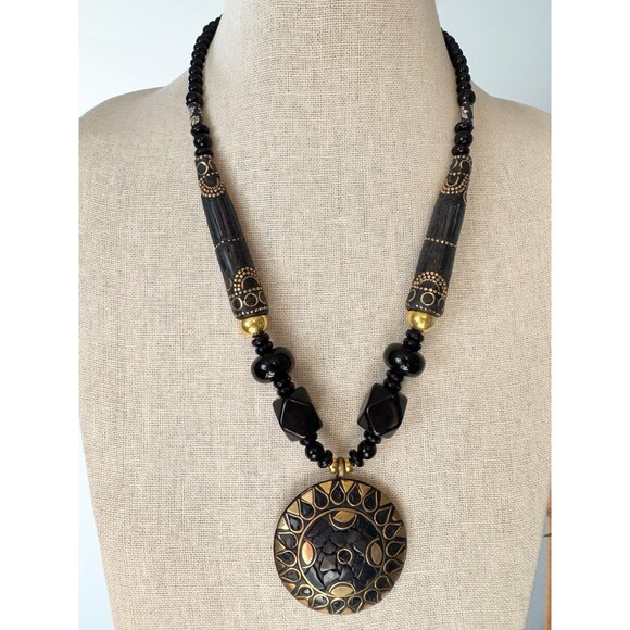 Vintage Brass Inlay Black Chunky Bohemian Necklace Large Pendant Tribal Ethnic - Picture 1 of 13